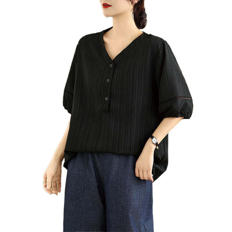 Summer Casual Pure Half Puff Sleeve Half Button V-neck Women's T-Shirt