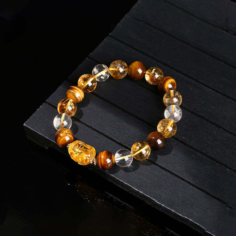 Natural Yellow Tiger Eye Citrine Beeswax Pixiu Strength Bracelet