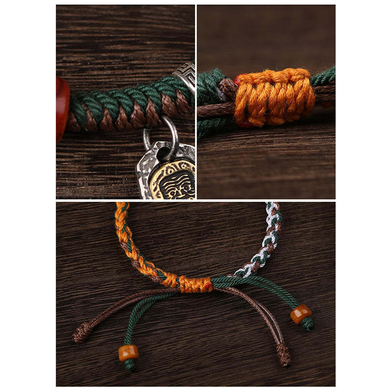 Handmade Tibetan Silver 925 Sterling Silver Zakiram Goddess of Wealth Camel Bone Protection Braided Bracelet