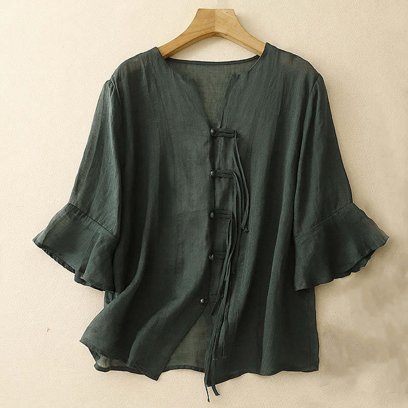 Casual Women's V-Neck Design Half Bell Sleeve Cotton Linen Cardigan Shirt