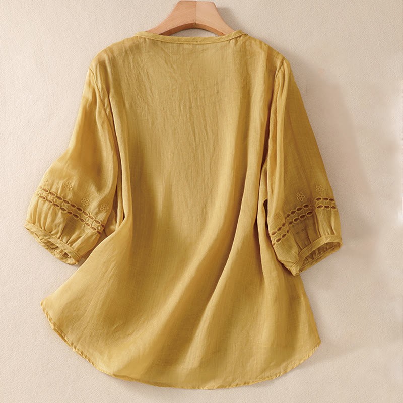 Women's Crew Neck Hollow Design Half Sleeve Cotton Linen Shirt