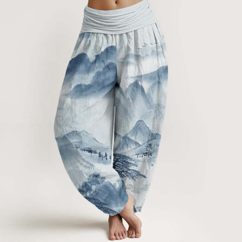 Mountains Trees Landscape Ink Painting Women's Elastic Waist Harem Pants