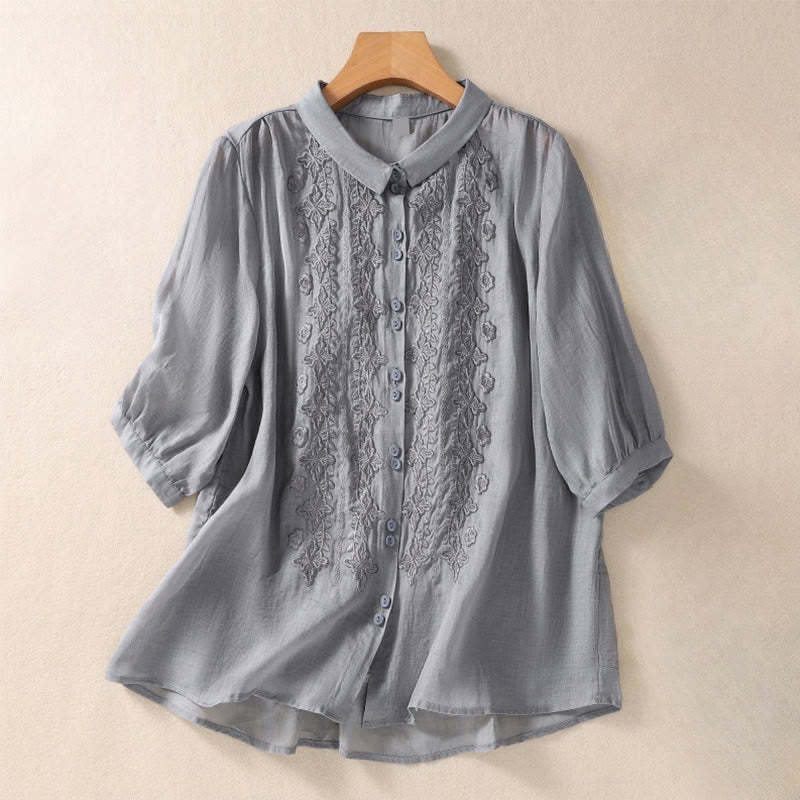 Summer Plain Button Embroidery Flower Pattern Three Quarter Sleeve Lapel Cotton Linen Women's Shirt