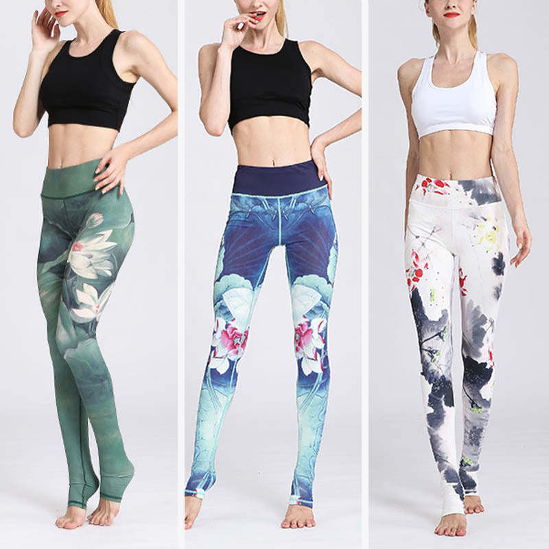 Lotus Flower Print Design Pants Sports Fitness Yoga Leggings Women's Yoga Pants