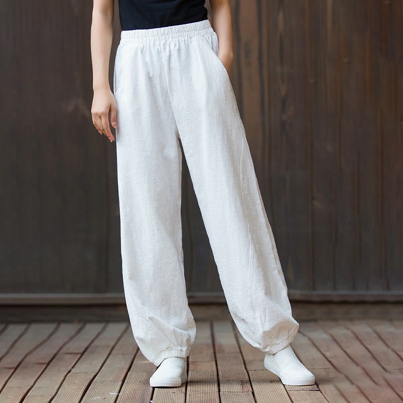 Casual Solid Plain Color Carrot Elastic Waistband Cotton Ramie Women's Pants With Pockets