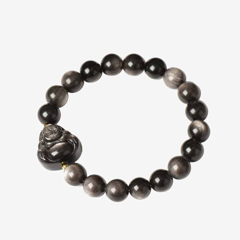 Silver Sheen Obsidian Lotus Flower Nine Tailed Fox Laughing mystic zen Protection Bracelet