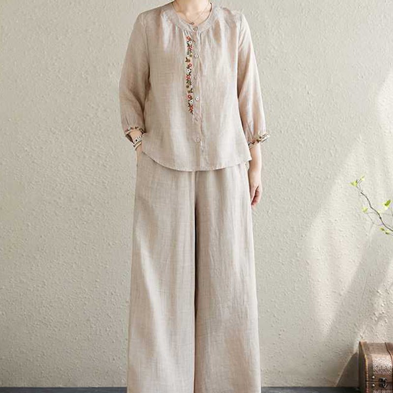 2Pcs Cotton Embroidery Flowers Shirt Top Pants Meditation Zen Tai Chi Clothing Women's Set