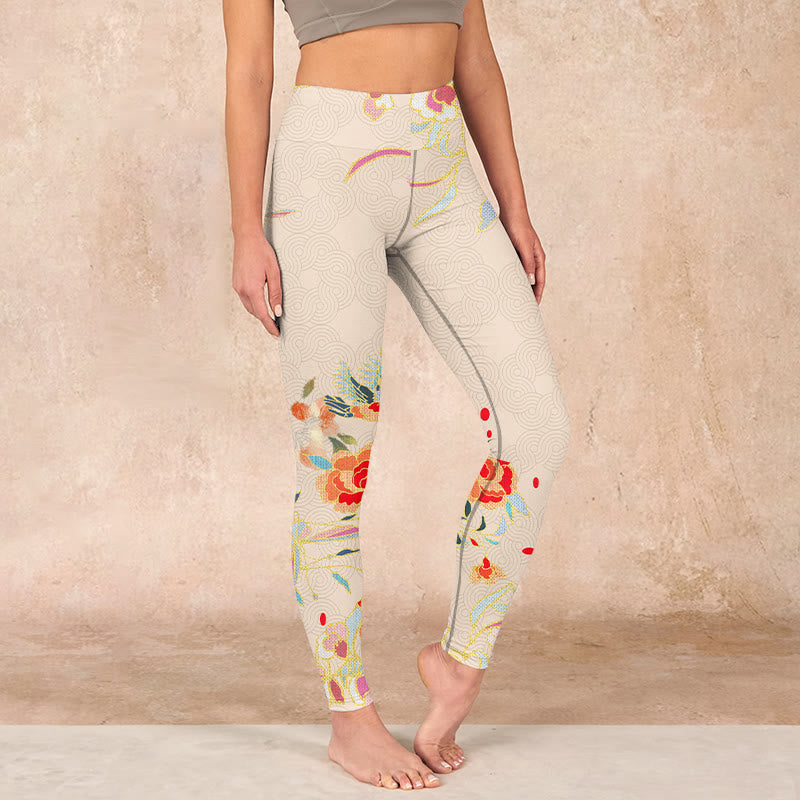 Apricot Butterfly Peony Flowers Leaves Print Gym Leggings Women's Yoga Pants