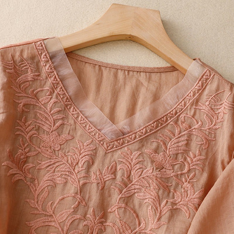 Vintage Casual Pure Leaf Embroidery V-Neck Half Sleeve Cotton Linen Women's T-Shirt