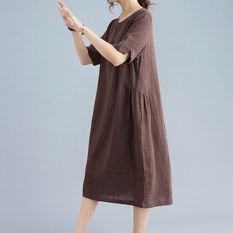 Casual Loose Solid Color Cotton Linen Crew Neck Half Sleeve Design Midi Dress With Pockets
