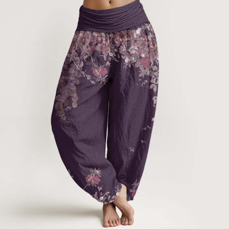 Casual Red Peony Flower Vine Design Women's Elastic Waist Harem Pants