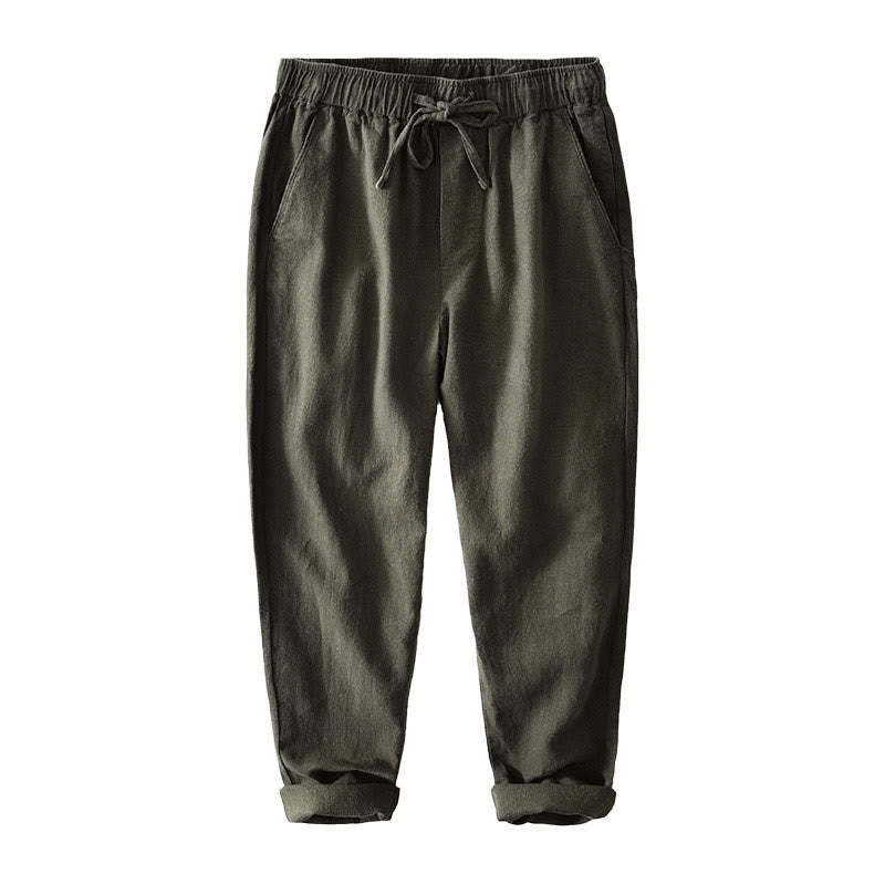Casual Solid Color Simple Design Drawstring Ramie Linen Men's Pants With Pockets