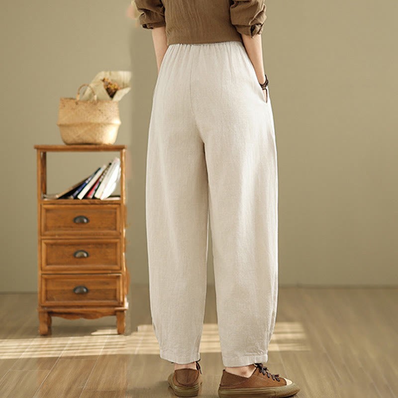 Casual Solid Color Tapered Elastic Waistband Cotton Linen Women's Pants With Pockets