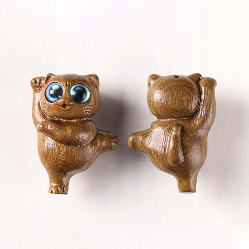 Mini Green Sandalwood Dancing Cat Engraved Positive Desk Decorations