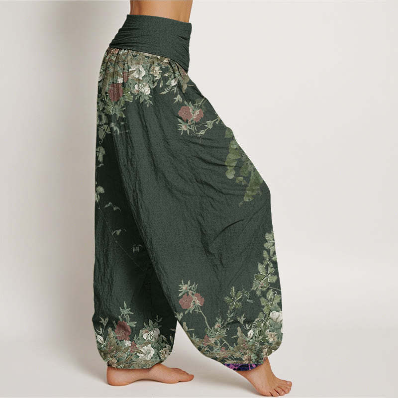 Casual Red Peony Flower Vine Design Women's Elastic Waist Harem Pants