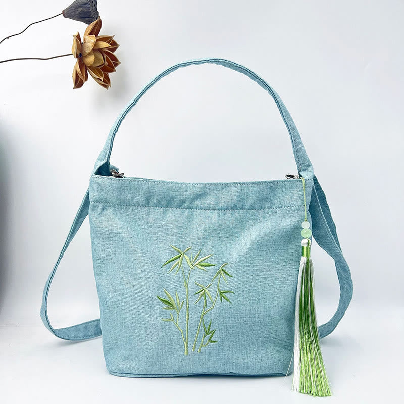 Embroidery Wisteria Plum Lotus Cherry Blossom Cotton Linen Canvas Tote Crossbody Bag Shoulder Bag Handbag