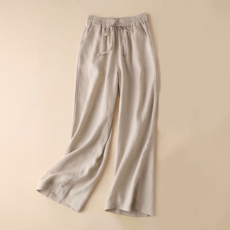 Casual Cotton Linen High Waist Lace-up Wide Leg Pants With Pockets
