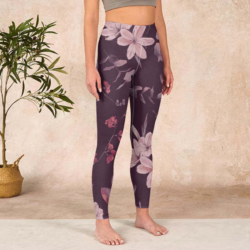 Purple White Flowers Leaves Blossom Print Gym Fitness Leggings Women's Yoga Pants