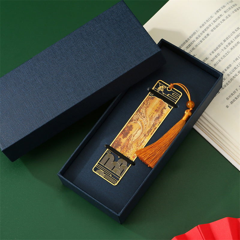 A Panorama of Rivers and Mountains Metal Hollow Bookmarks Tassel With Gift Box