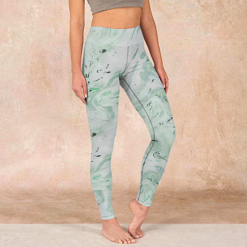 Honeydew Green White Flow Line Print Exercise Leggings Women's Yoga Pants