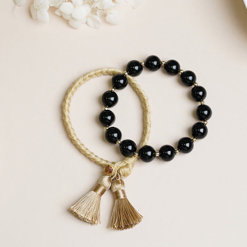 2Pcs Black Onyx Bead Support Protection String Bracelet