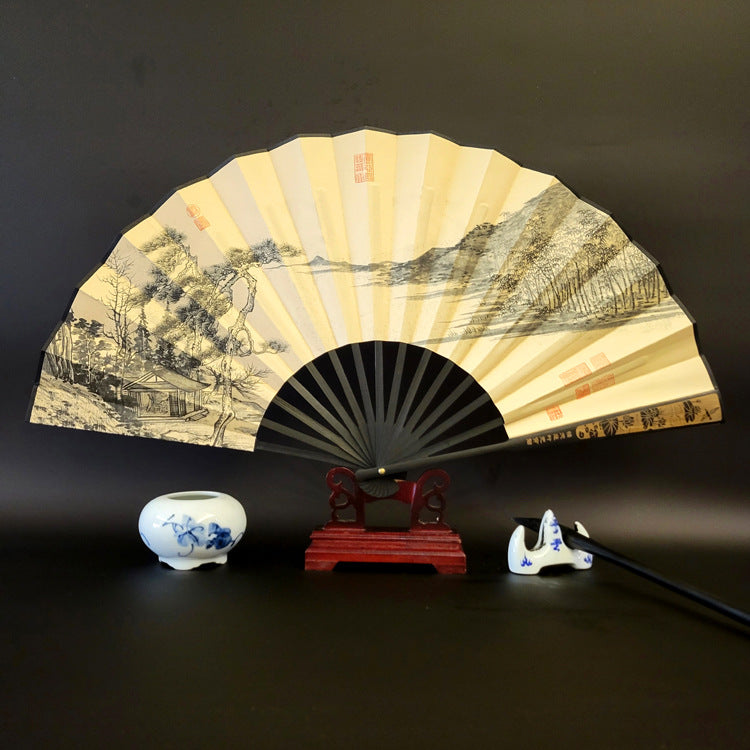 Great Wall Mountains Trees Crane Bamboo Handheld Bamboo Folding Fan 33.5cm