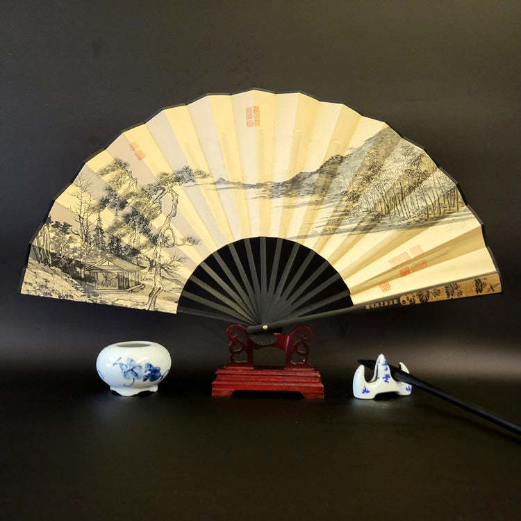 Great Wall Mountains Trees Crane Bamboo Handheld Bamboo Folding Fan 33.5cm