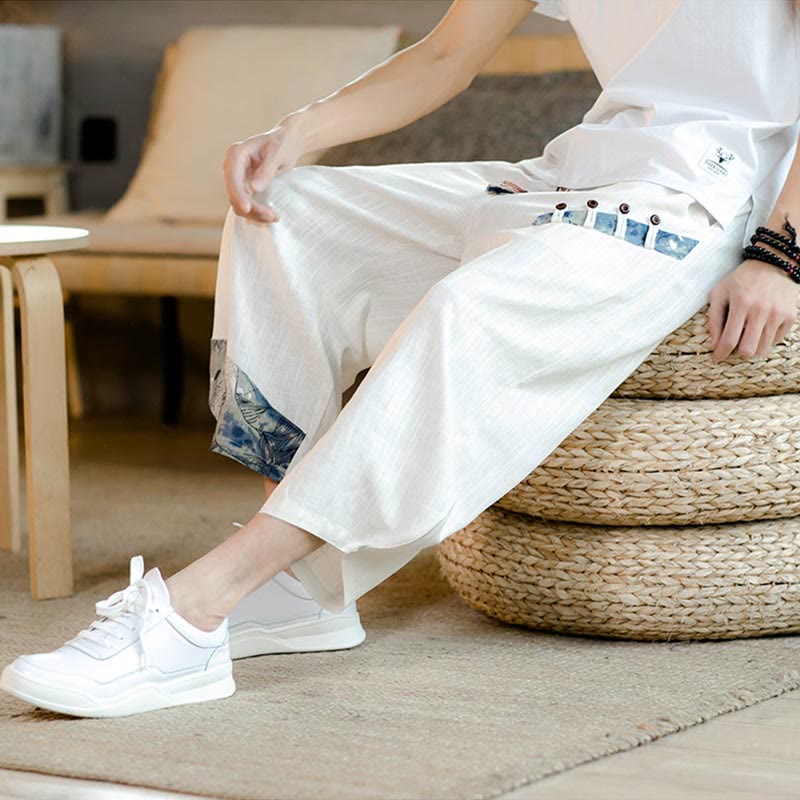 Patchwork Design Drawstring Cotton Men's Cropped Pants With Pockets