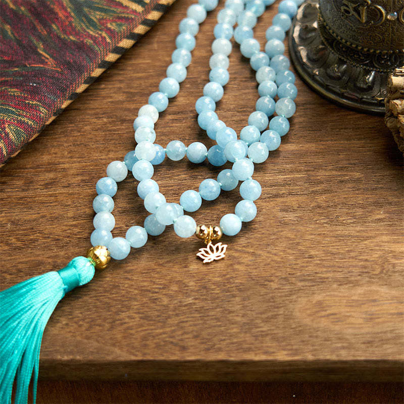 108 Mala Beads Natural Stone Aquamarine Tassel Lotus Healing Bracelet