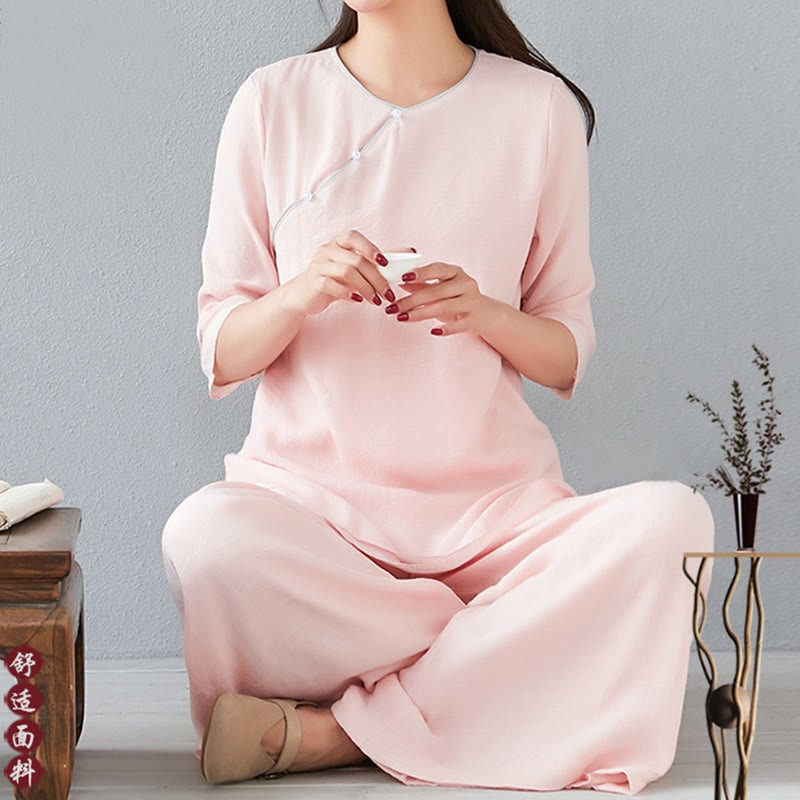 2Pcs Three Quarter Sleeve Long Sleeve Shirt Wide Leg Pants Meditation Cotton Linen Clothing Women's Set