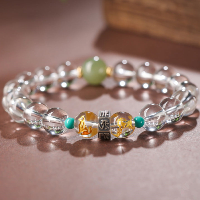 925 Sterling Silver Chinese Zodiac Natal mystic zen Auspicious Groups White Crystal Hetian Jade Healing Bracelet