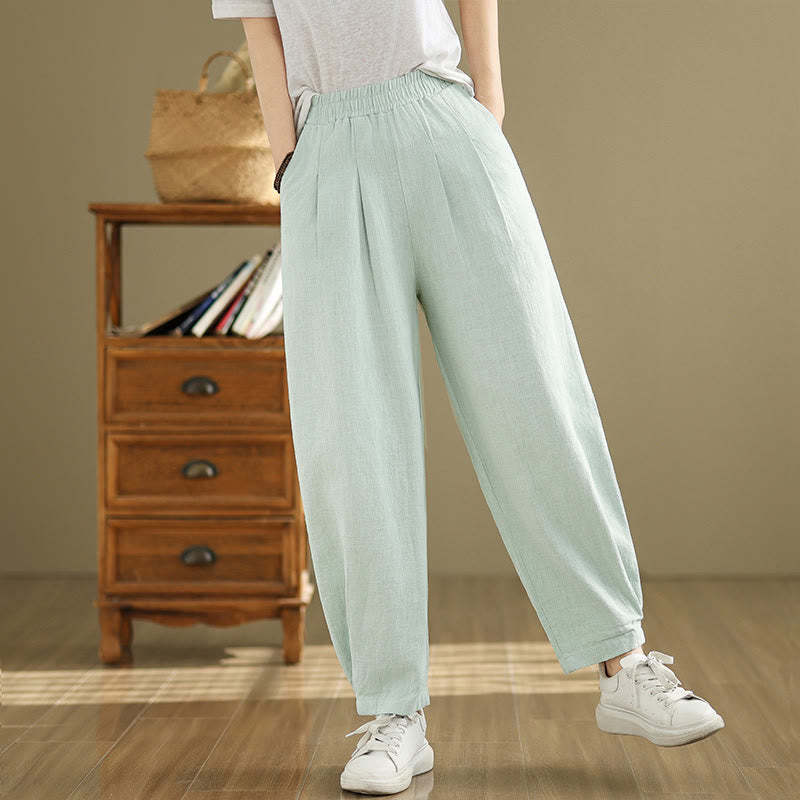 Casual Solid Color Tapered Elastic Waistband Cotton Linen Women's Pants With Pockets
