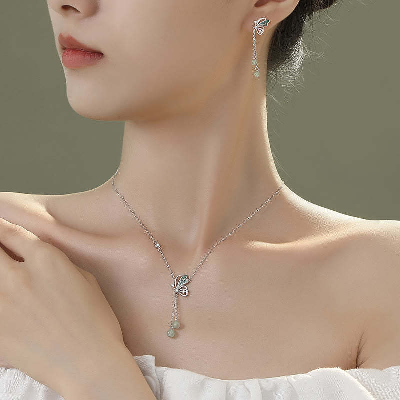 925 Sterling Silver Natural Green Aventurine Butterfly Luck Necklace Pendant Earrings Set