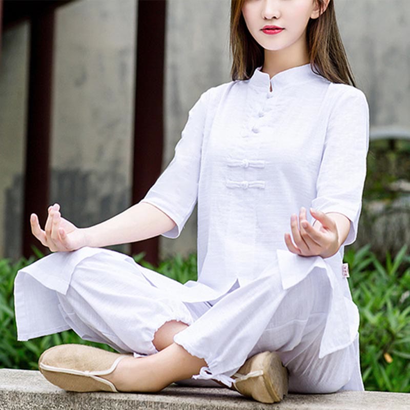 2Pcs Half Sleeve Shirt Top Pants Meditation Zen Tai Chi Linen Clothing Women's Set