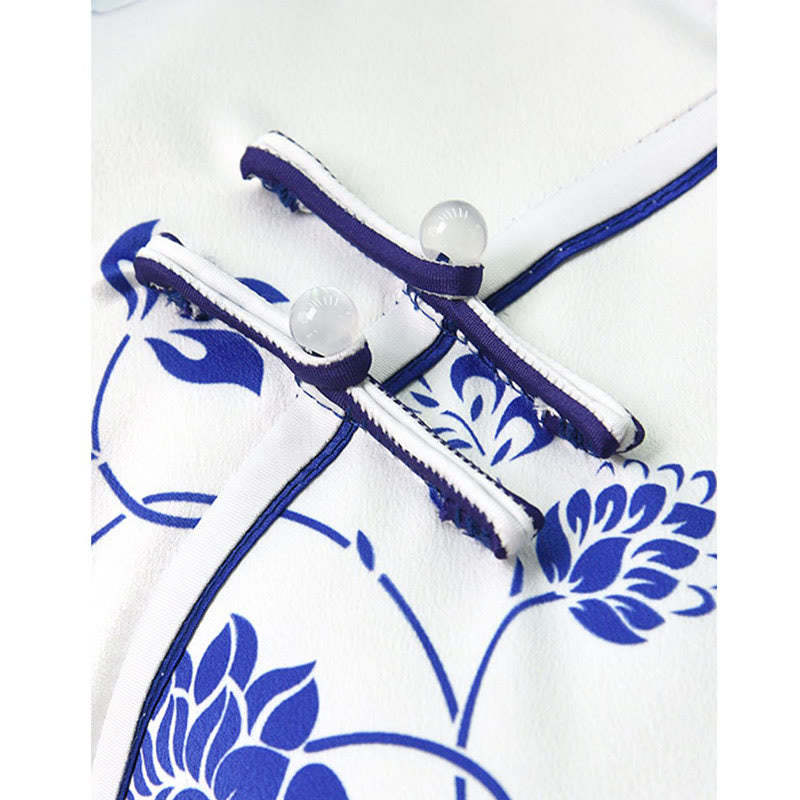 Blue And White Porcelain Color Peony Flower Pattern Cheongsam Dress Women's Qipao Dress