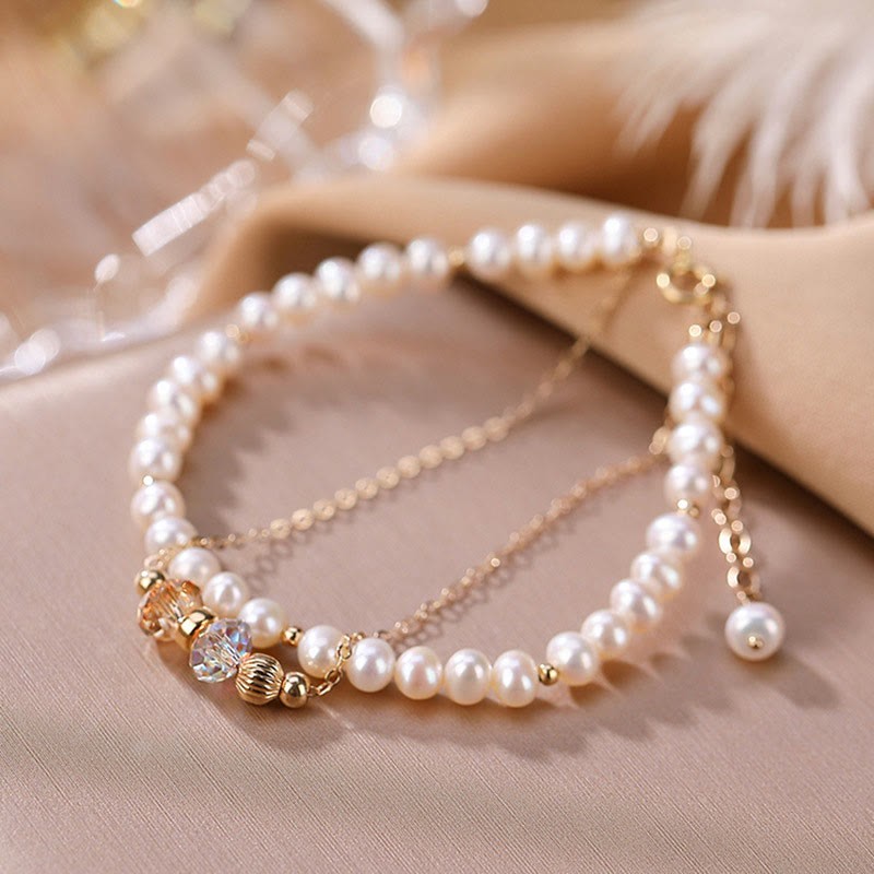 925 Sterling Silver 14K Gold Plated Natural Pearl Crystal Healing Double Layer Bracelet