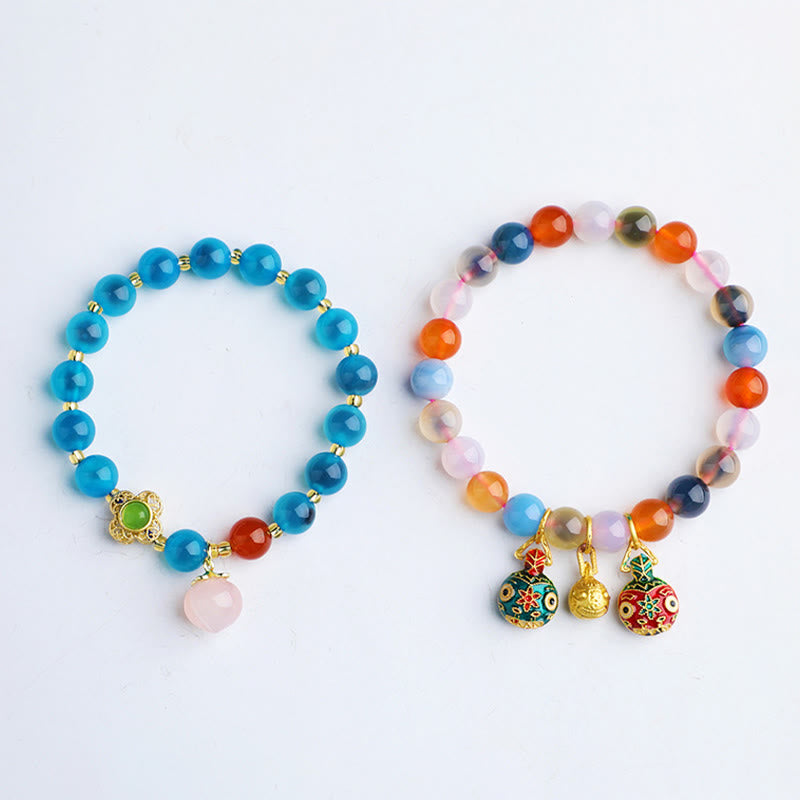 Colorful Candy Agate Gold Swallowing Beast Family Peach Harmony Charm Bracelet
