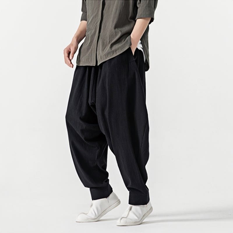 Solid Color Drawstring Men's Harem Pants With PocketsAnkle-Length (9 Length)