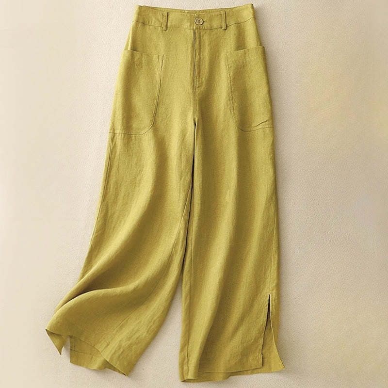 Summer Simple Design Ankle-Length Cotton Linen Women's Wide Leg Pants With Pockets Zipper