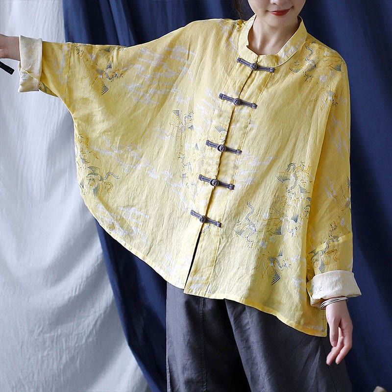 Yellow Phoenix Print Frog-button Design Long Sleeve Ramie Linen Jacket Shirt