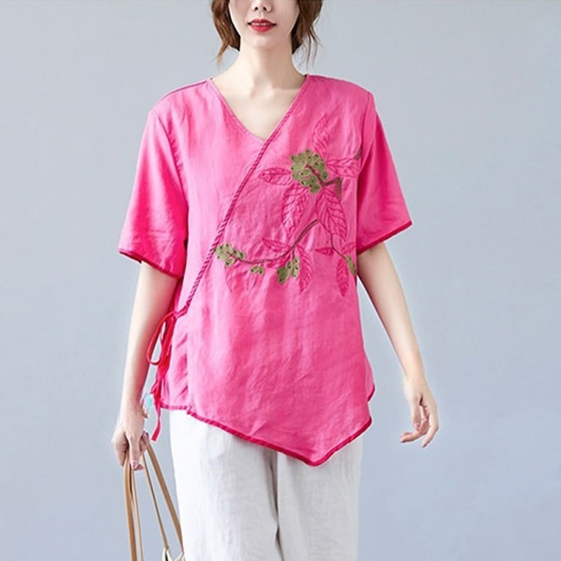 Summer Casual Ethnic Embroidery Flower Lace-up Short Sleeve V-neck Cotton Linen Women's T-Shirt