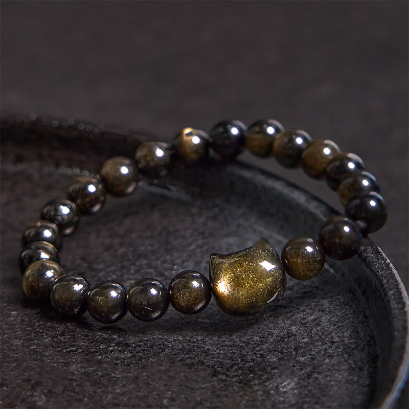 Gold Sheen Obsidian Silver Sheen Obsidian Lovely Paw Lucky Cat Protection Bracelet