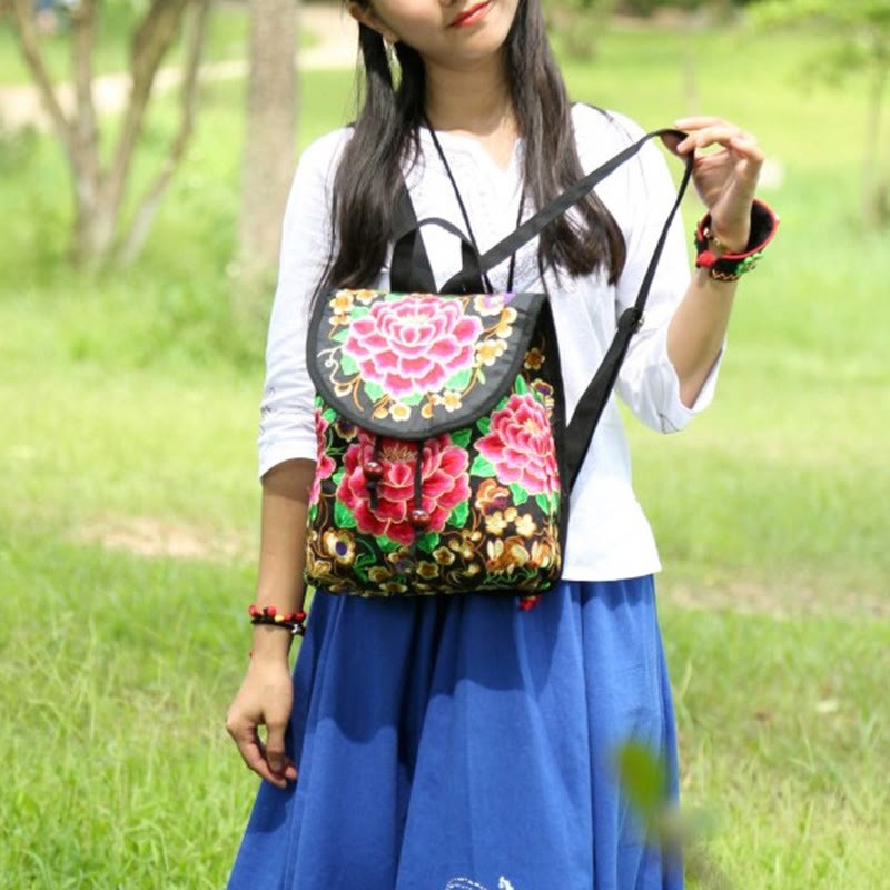 Peony Chinese Money Tree Embroidery Canvas Backpack