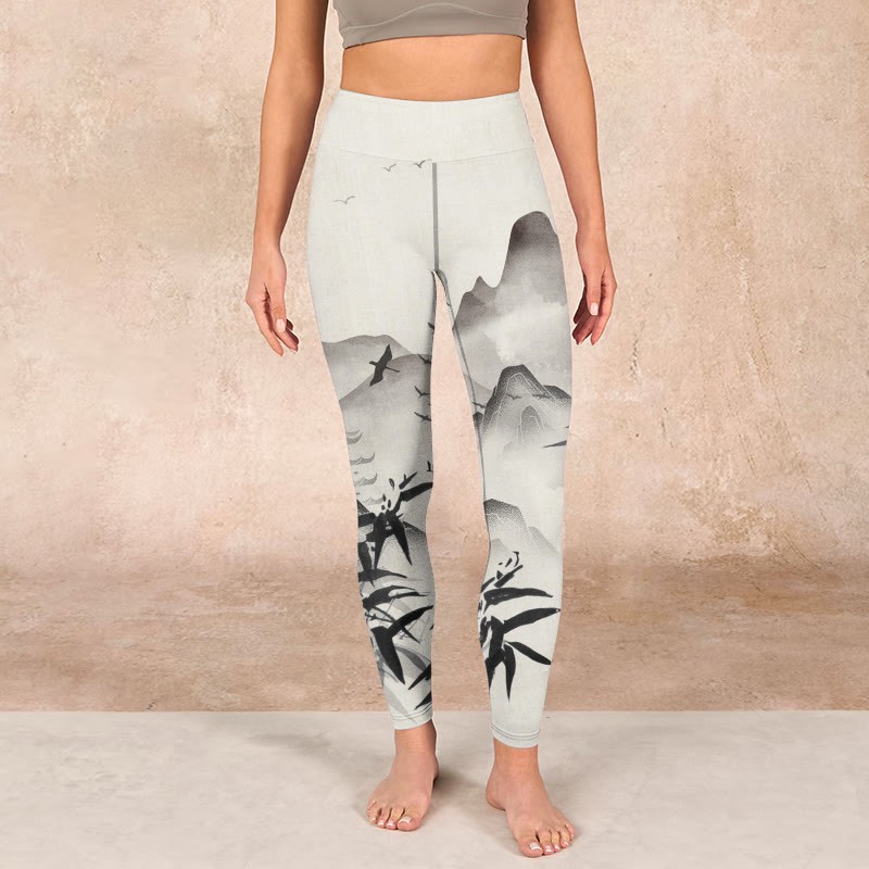 Ink Bamboo Mountains Print Gym Leggings Women's Yoga Pants