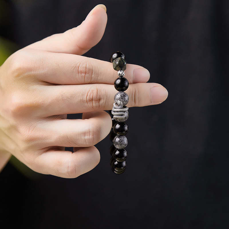 Black Obsidian Black Rutilated Quartz 925 Sterling Silver Year Of The Snake Purification Bracelet