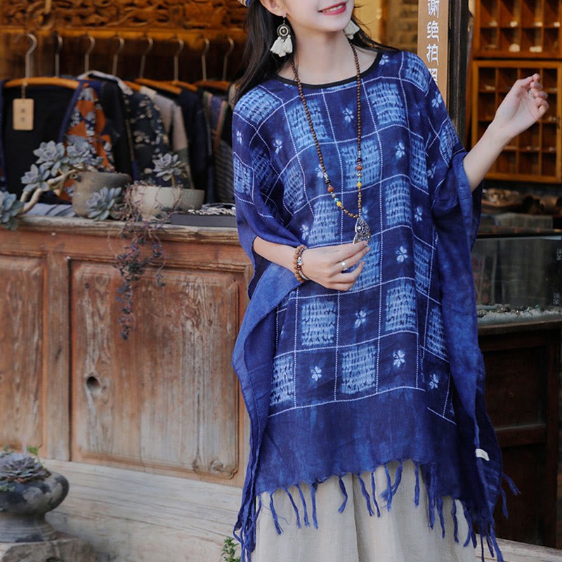 Blue Color Block Plaid Shawl Tassels Soft Pullover 90*95cm