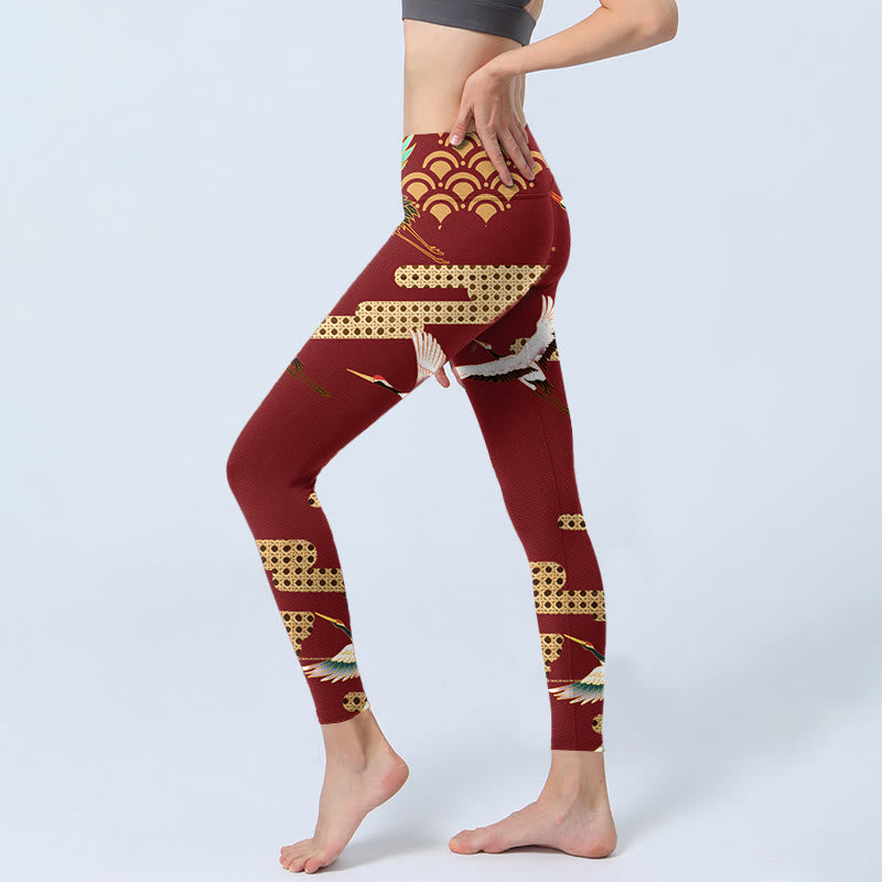 Red Crowned Crane Cloud Pattern Print Gym Leggings Women's Yoga Pants
