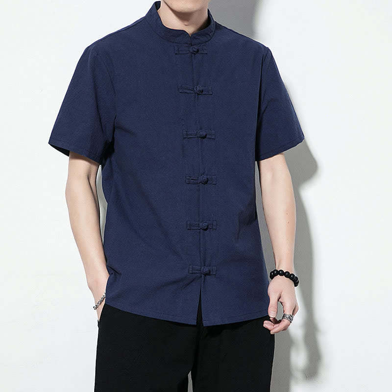 Casual Solid Color Front Frog Buttons Chinese Tang Suit Short Sleeve Linen Men's Shirt