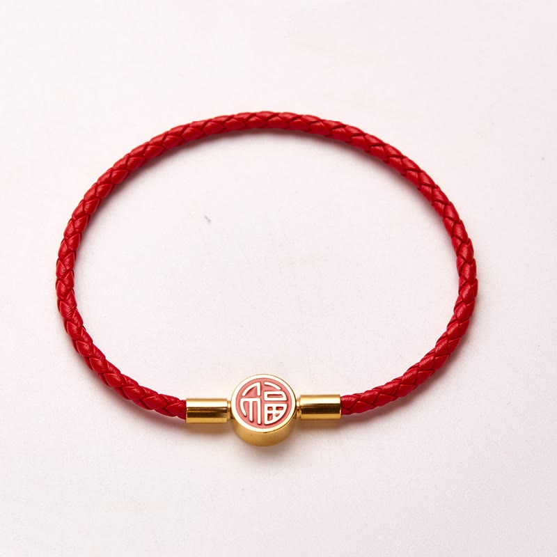 Fu Character Blessing Fortune Leather Buckle Bracelet