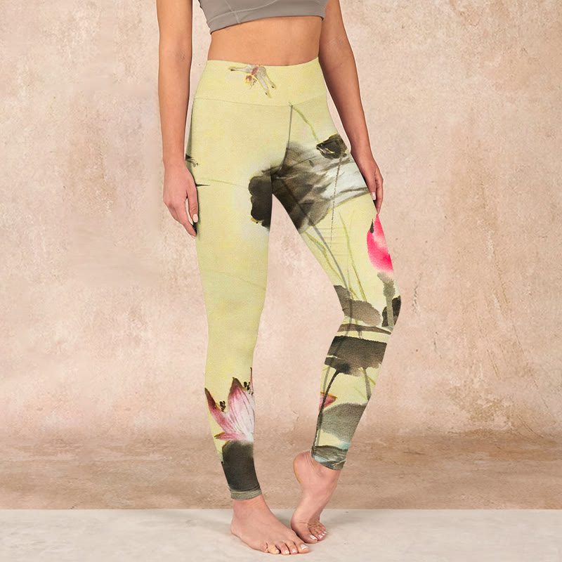 Pink Blooming And Unbloomed Lotus Print Gym Leggings Women's Yoga Pants